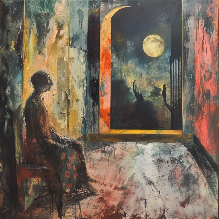 Dunkle Kunst, Person im Raum mit Fenster zum Mond