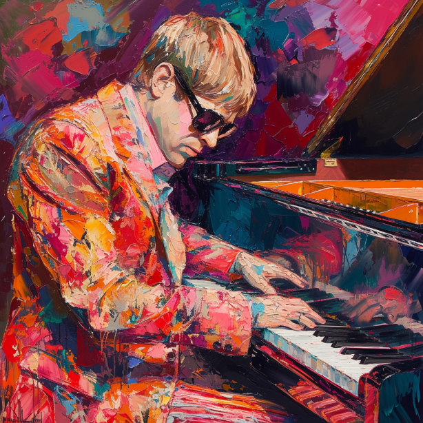 Elton John am Klavier im gemaltem Stil