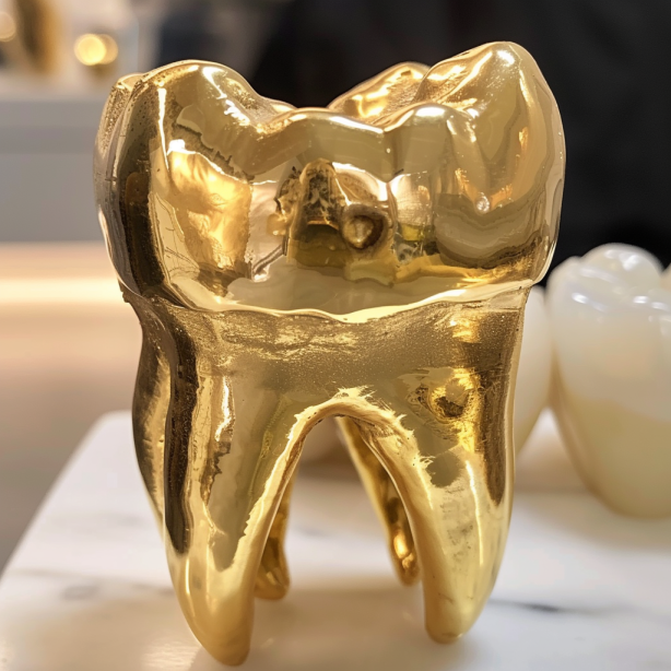 Zahngold, ein goldener Zahn auf einem Tisch