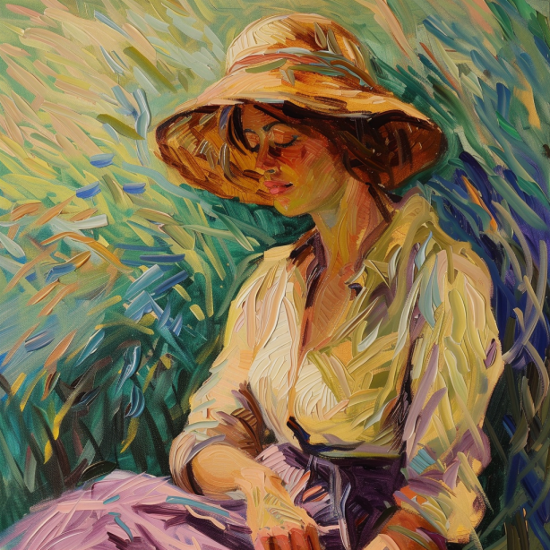 Weibliche Kunst als Ölgemälde im impressionistischem Stil mit einer Frau mit Hut im Grünen